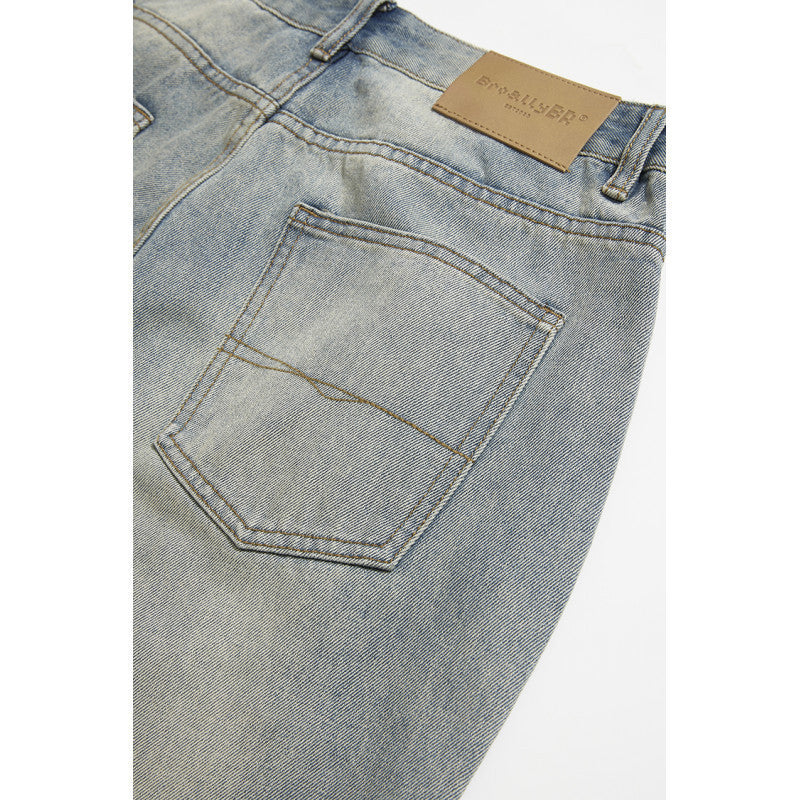 Men's Wide-Leg Denim Pants with High Waist, Vintage Wash and Five-Pocket Details Chichicherry