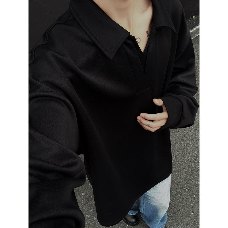 Men's Oversized Polo Sweatshirt with Deep V-Neck, Shirt Collar and Ribbed Cuffs Chichicherry