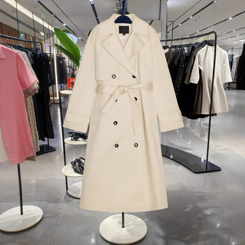 Women's Longer Trench Coat with Double-Breasted Button Placket, Waist Belt and Wide Lapels Chichicherry