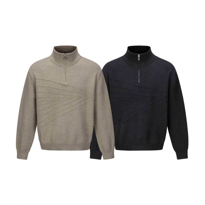 Unisex fine knit half-zip sweater with standing collar and diagonal structure Chichicherry