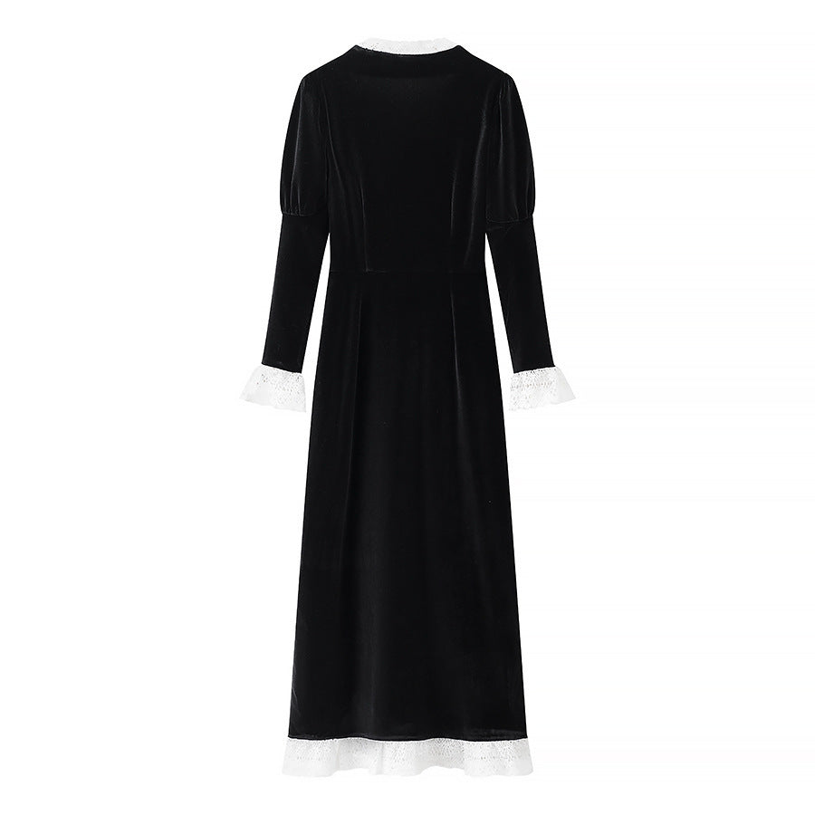 Women’s maxi dress made of velvet with square neckline, puff sleeves, and lace trim Chichicherry