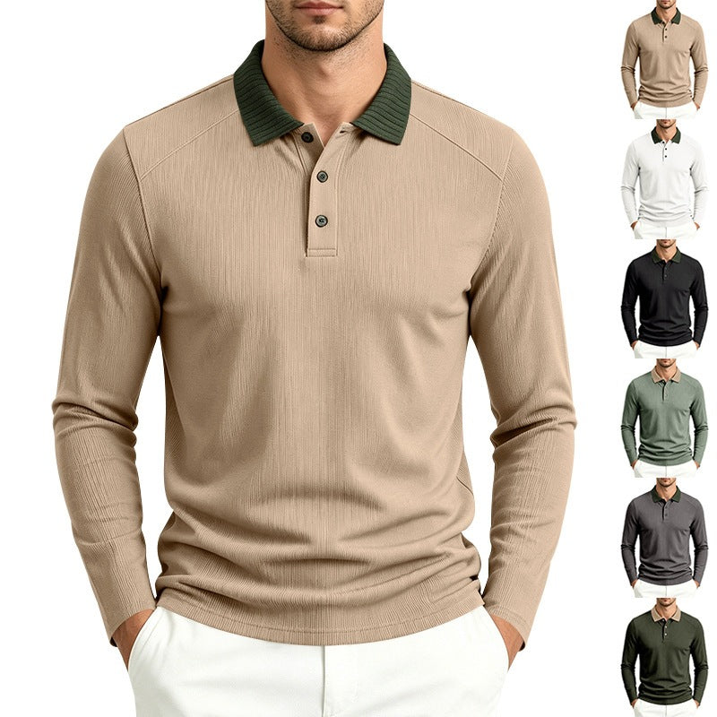 Men's long sleeve polo made of fine ribbed knit with contrast collar and button placket Chichicherry