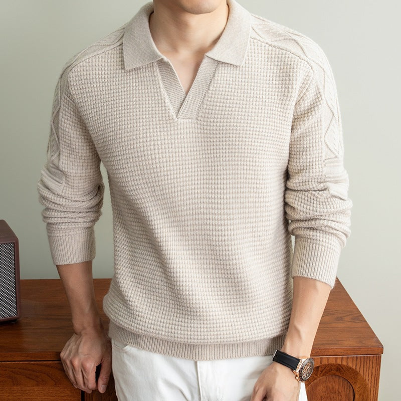 Men's polo sweater with textured waffle knit and cable pattern sleeves Chichicherry