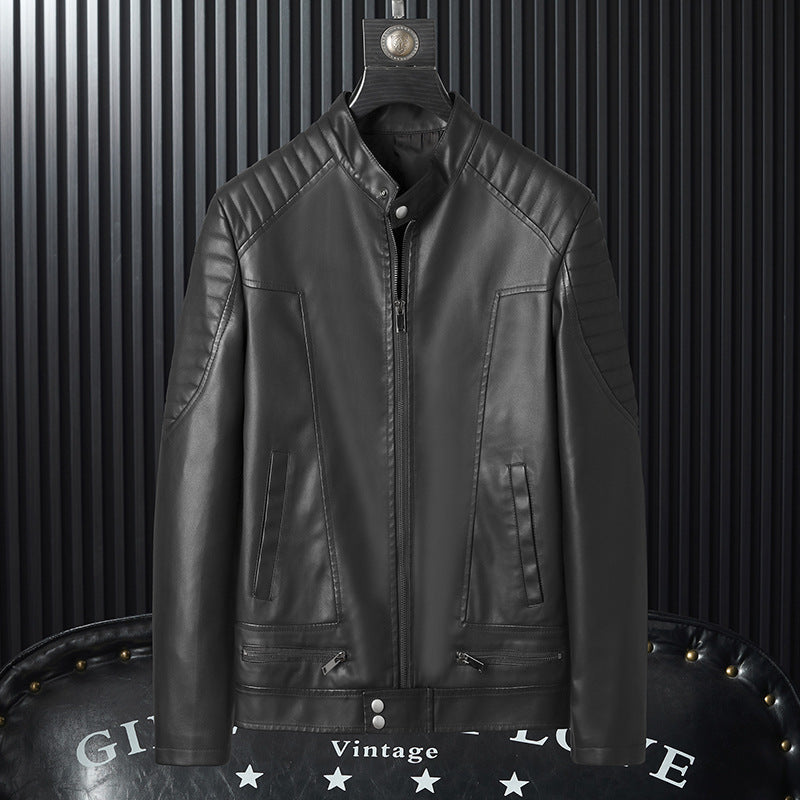 Men's Faux Leather Moto Jacket with Quilted Shoulder, Stand Collar and Zipper Chichicherry