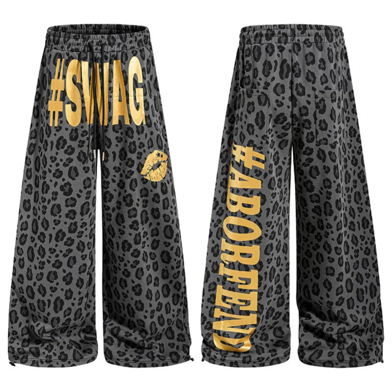 Women's Wide Palazzo Sweatpants in Leopard Print with High Comfort Waistband, Drawstring and Golden Statement Print Chichicherry