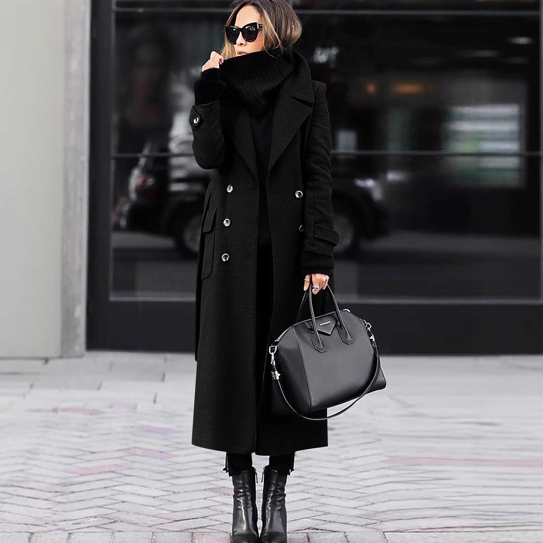 Women's double-breasted wool blend maxi coat with wide lapels and patch pockets Chichicherry