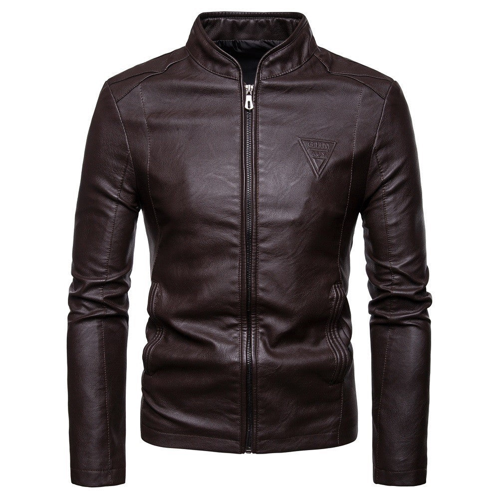 Men's Slim-Fit Faux Leather Jacket in Biker Style with Stand Collar and Front Zipper Chichicherry