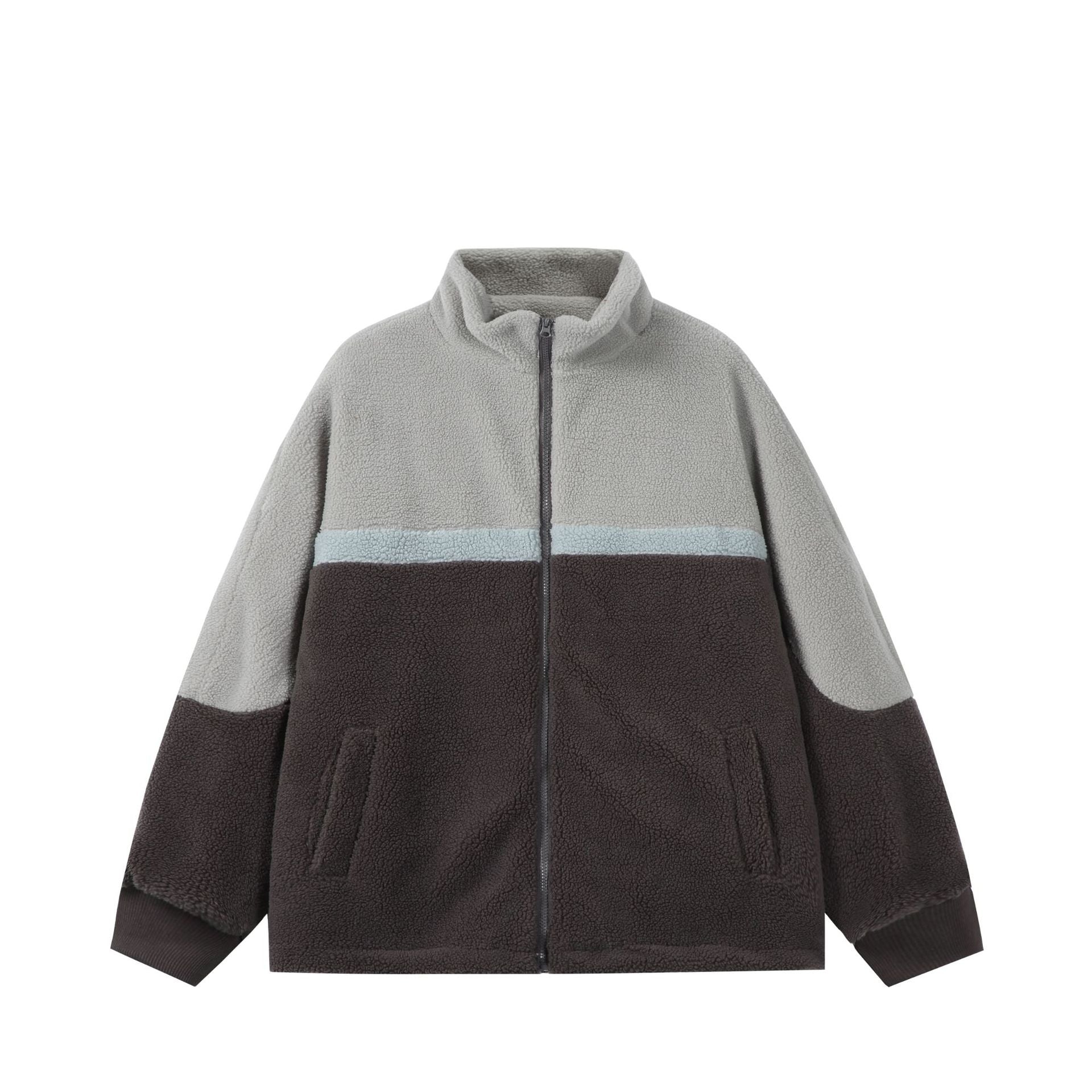 Unisex Oversized Sherpa-Fleece Jacket with Stand Collar and Front Zip Chichicherry