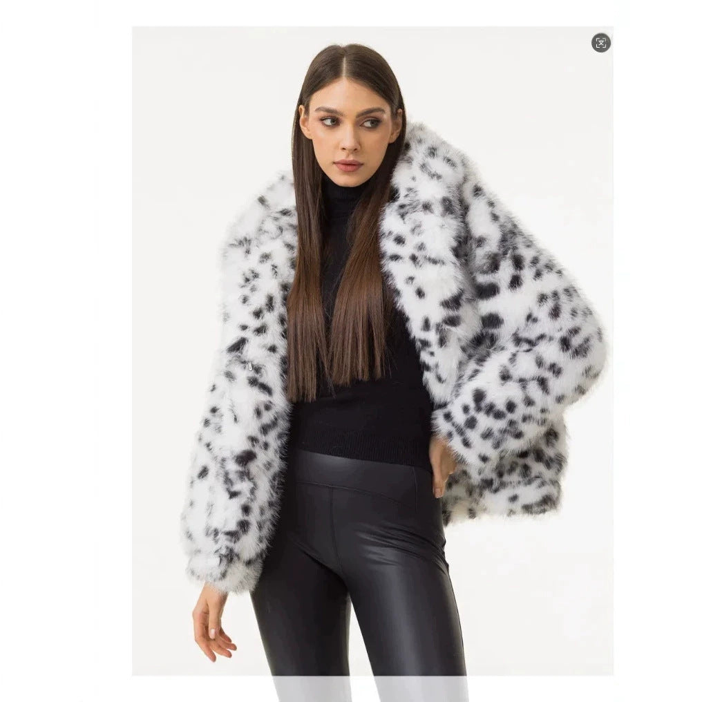 Women Short Hooded Faux Fur Jacket with Boxy Silhouette and Polka Dot Shaggy Texture Chichicherry