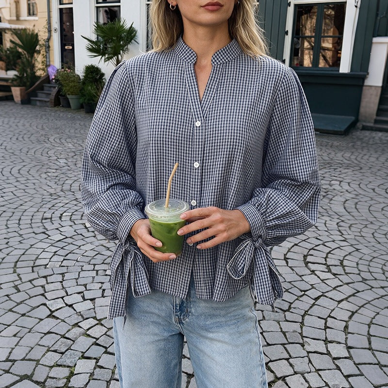 Women loose-fitting Vichy check blouse with stand-up collar, button placket, and tie cuffs