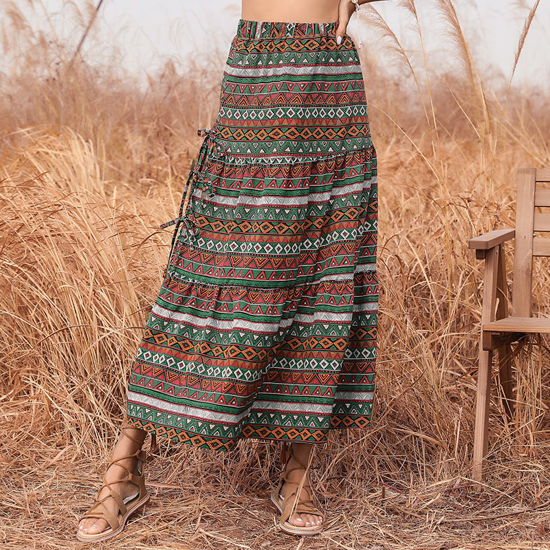 Women's Long Boho Maxi Skirt with Ethnic Print and Side Ties Chichicherry
