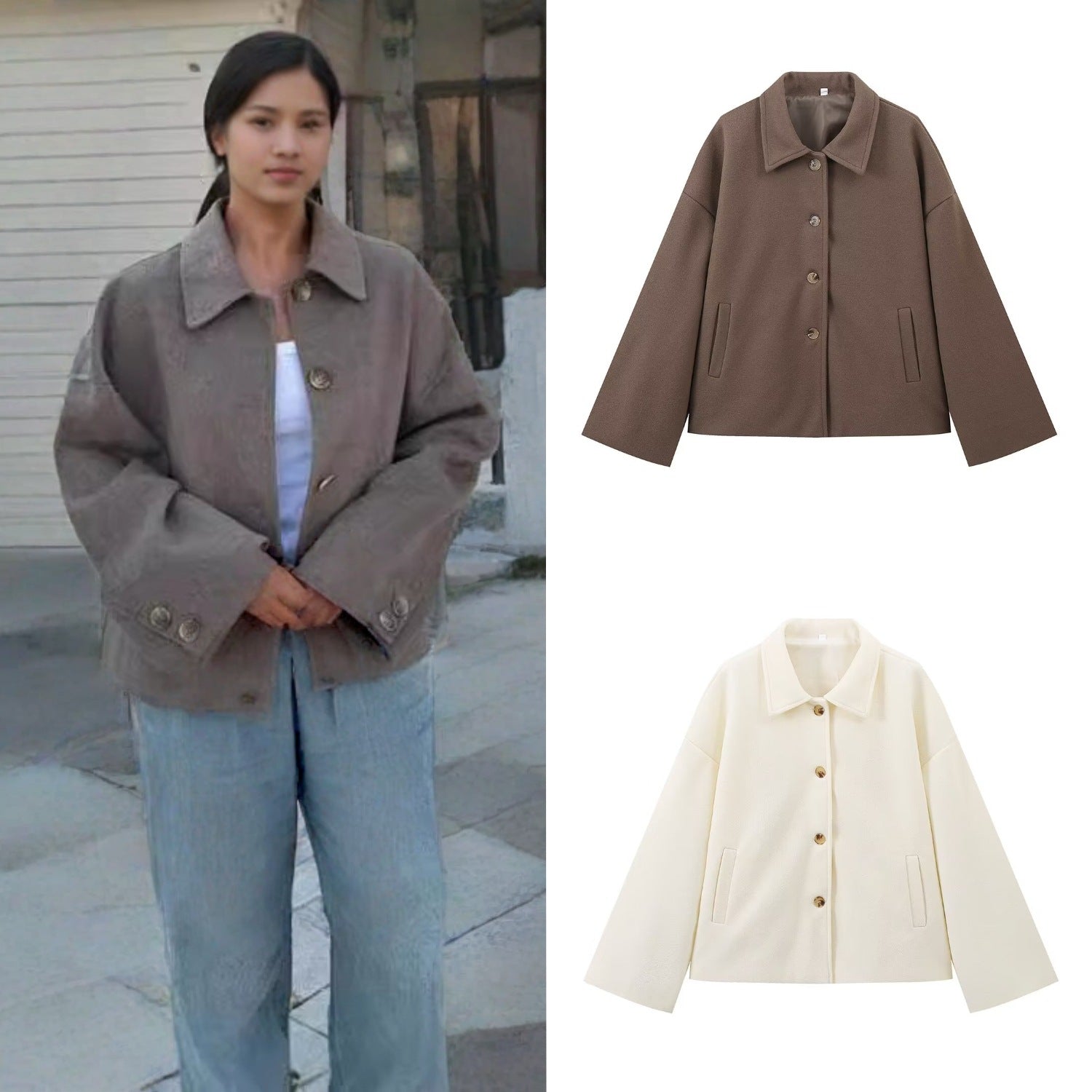 Ladies short jacket in boxy cut made of wool blend with shirt collar and concealed button placket Chichicherry