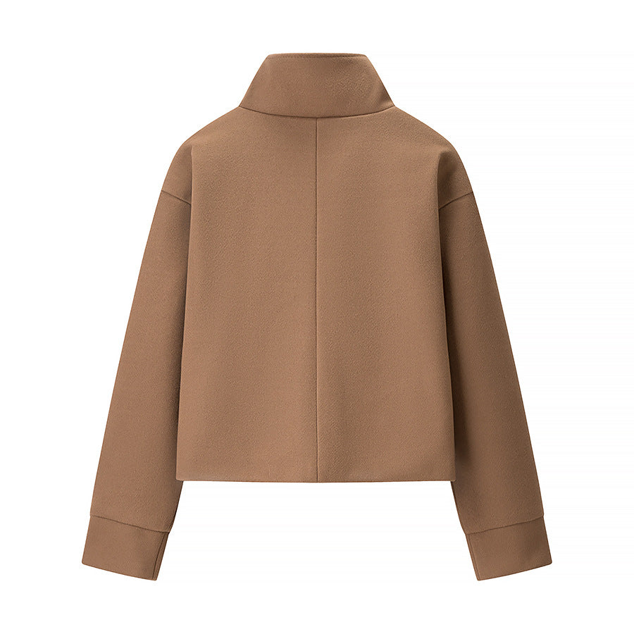 Women's Short Jacket Boxy Wool Blend with Stand-Up Collar, Oversized Sleeves and Button Placket Chichicherry