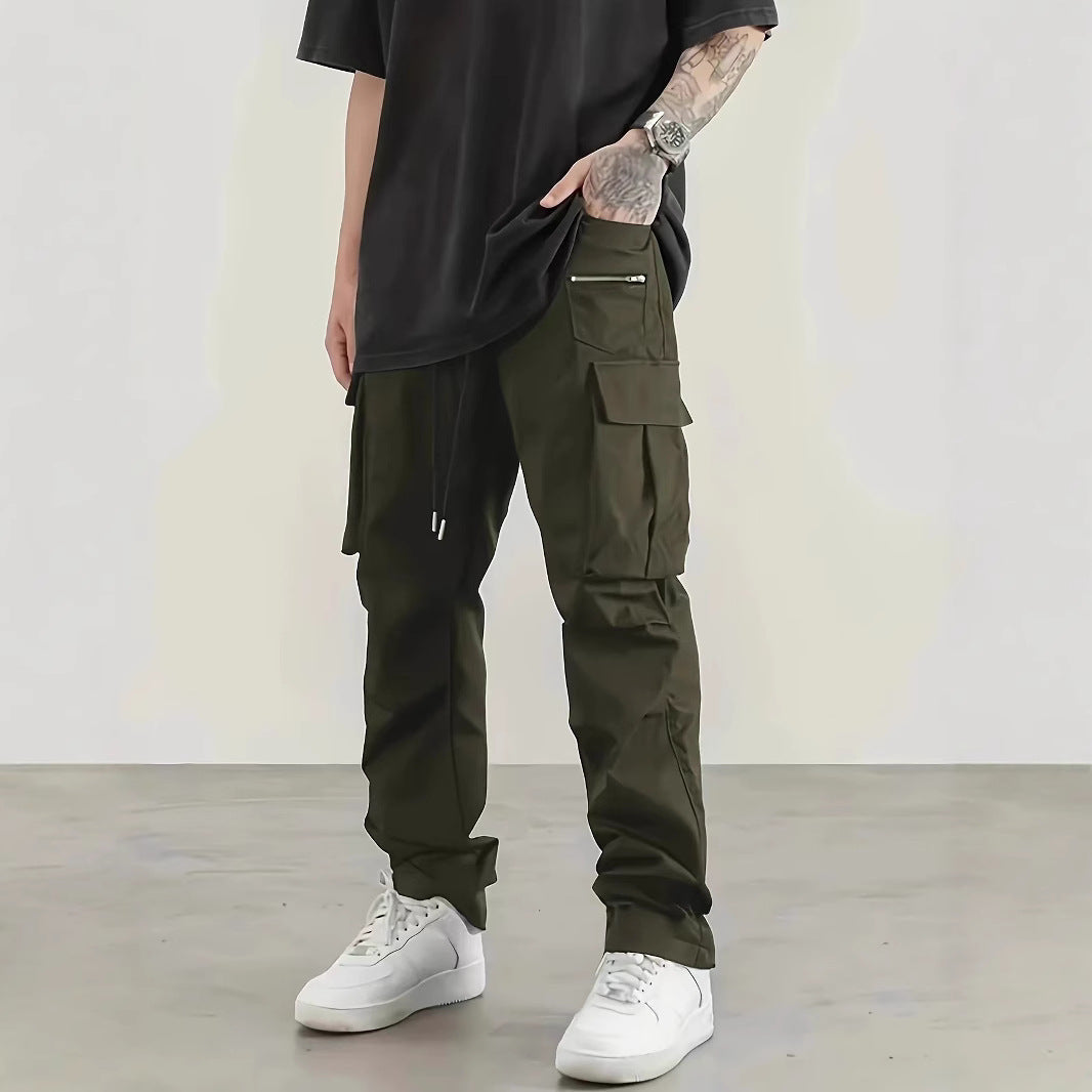 Men's wide utility cargo pants with drawstring waistband, multifunction pockets & zip pocket Chichicherry