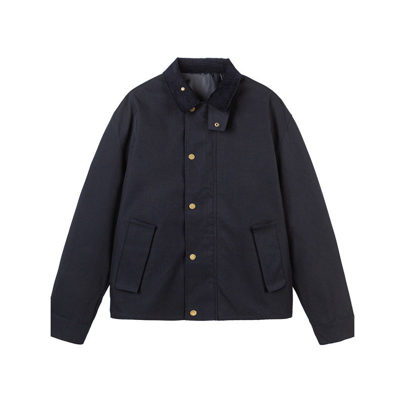 Men's Short Boxy Work Jacket made of sturdy canvas with cord collar and concealed snap button placket Chichicherry