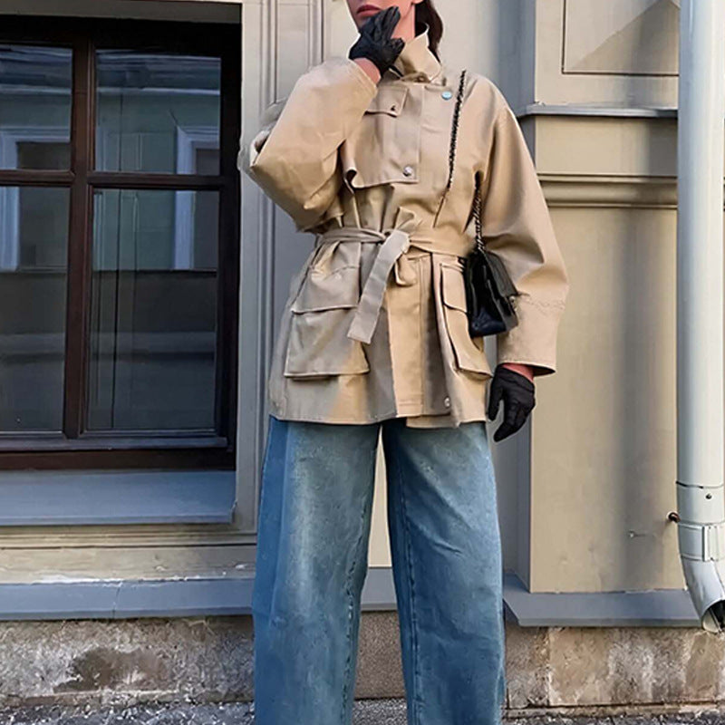 Women's Tailored Transition Jacket with Stand Collar, Shoulder Cape and Belt Chichicherry