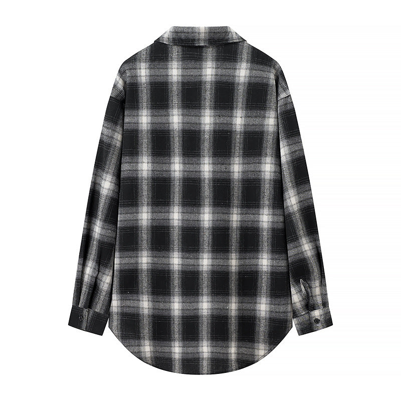 Women's Oversized Check Shirt Blouse with Patch Breast Pockets and Rounded Hem Chichicherry