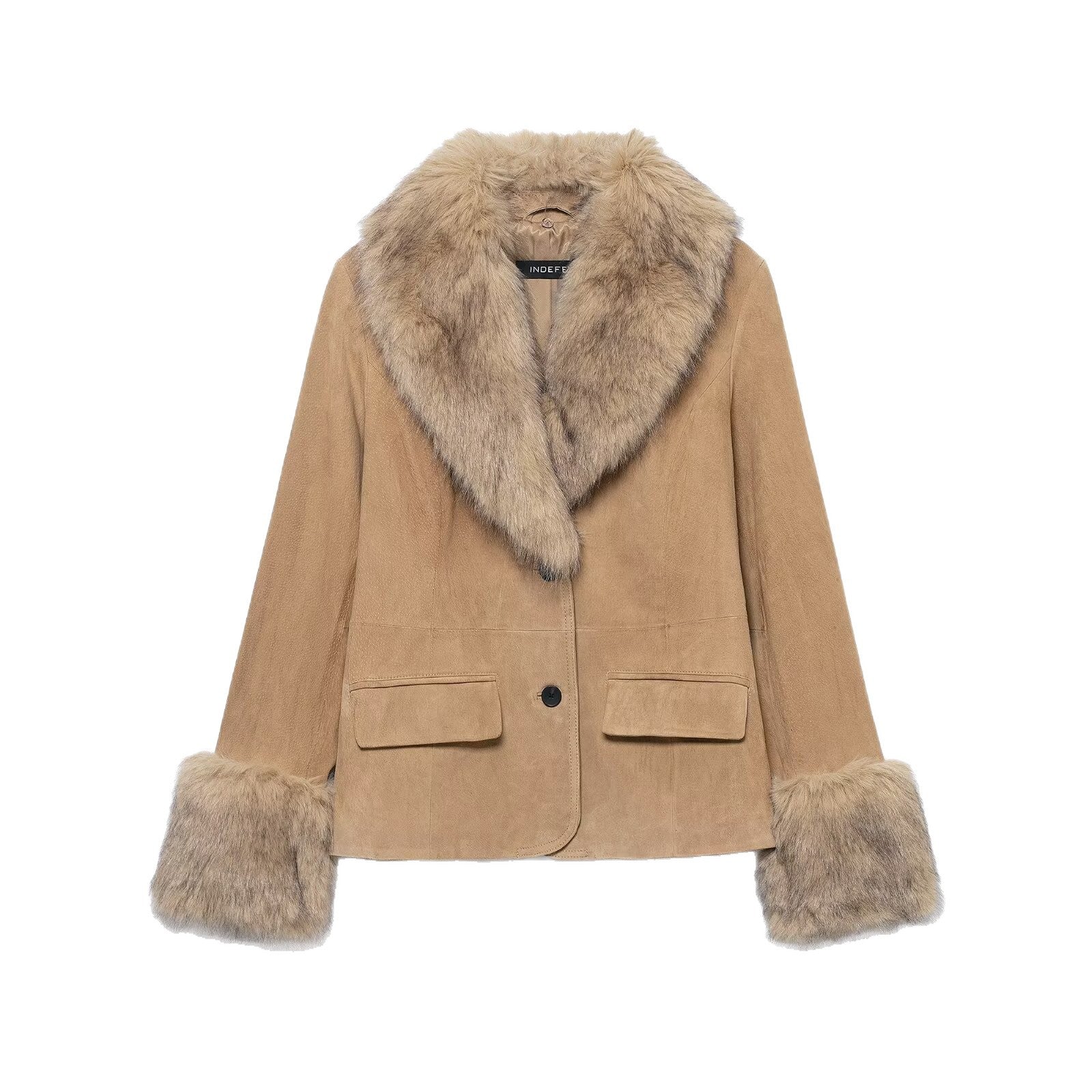 Women's short suede jacket with voluminous fur collar and wide fur cuffs Chichicherry