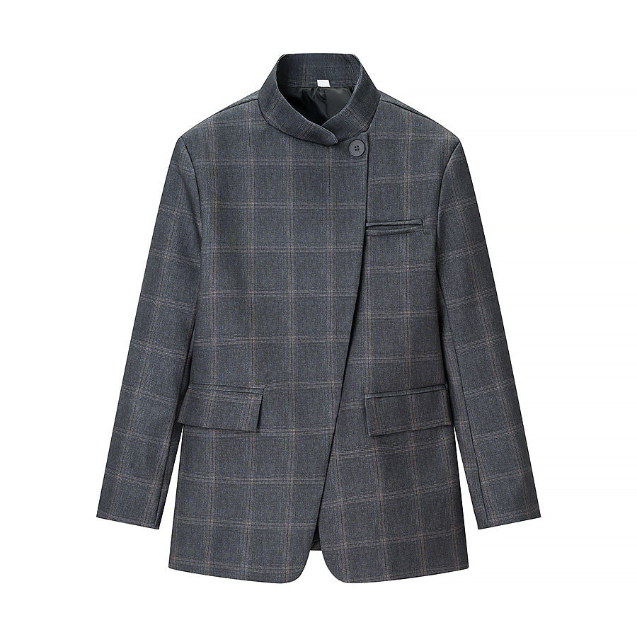 Men's Checked Stand Collar Blazer with Asymmetrical Button Placket and Patching Pockets Chichicherry