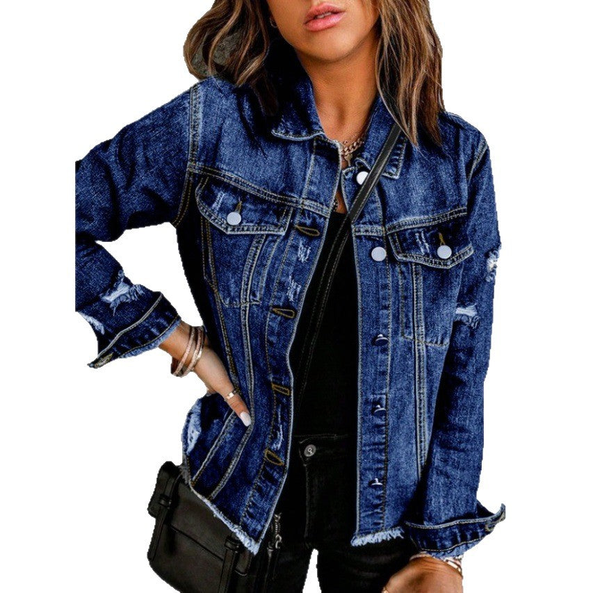 Women Tailored Denim Jacket with Destroyed Accents, Patch Pockets, and Visible Quilted Stitching Chichicherry