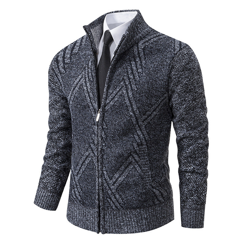 Men's knit zip cardigan with stand-up collar and textured jacquard pattern Chichicherry