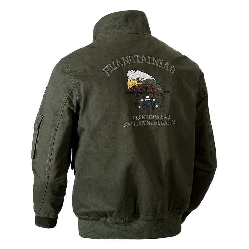 Men's Canvas Pilot Jacket in Field Style with High Collar, Patch Applications and Multi-Purpose Pockets Chichicherry