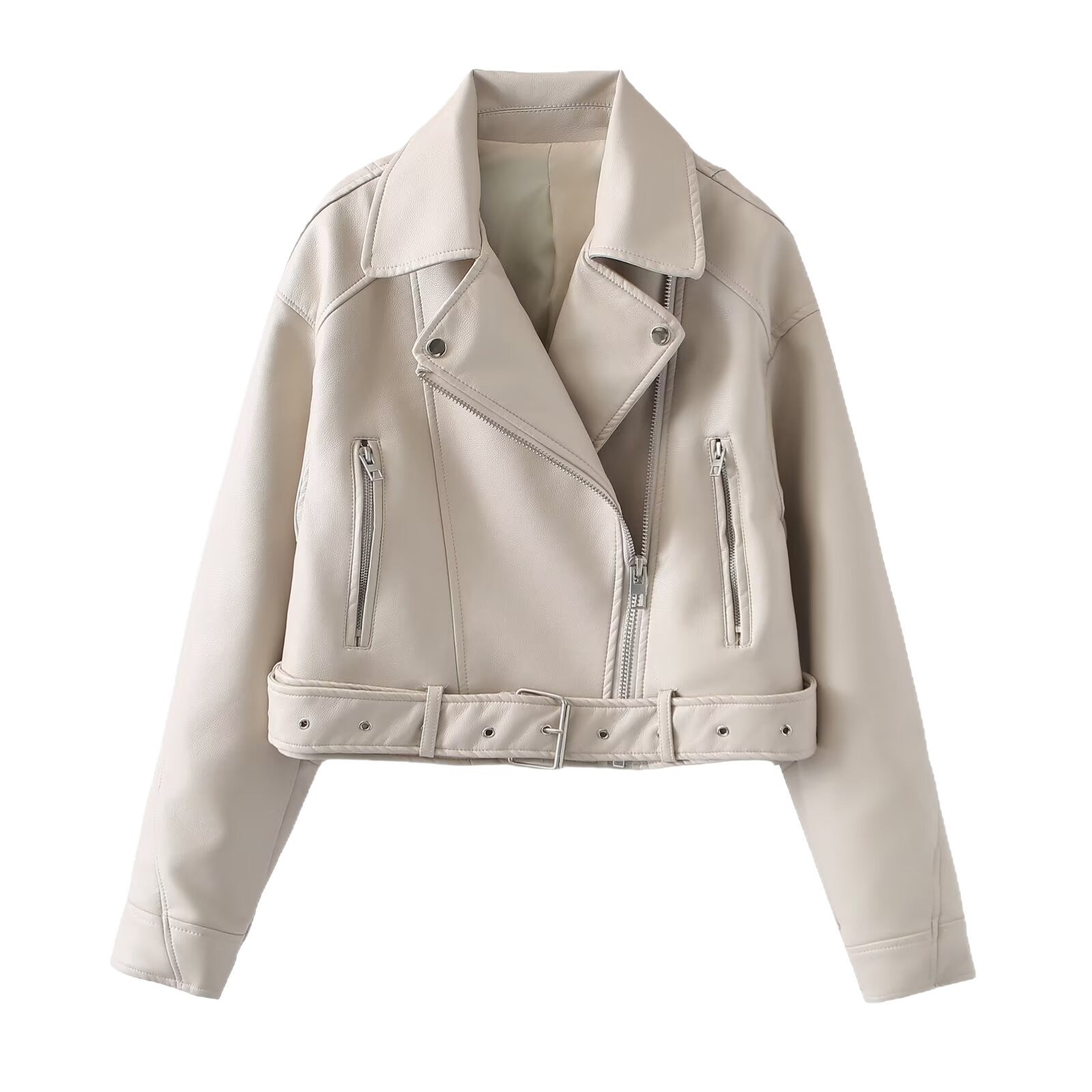 Women's short biker jacket made of soft synthetic leather with waist belt Chichicherry