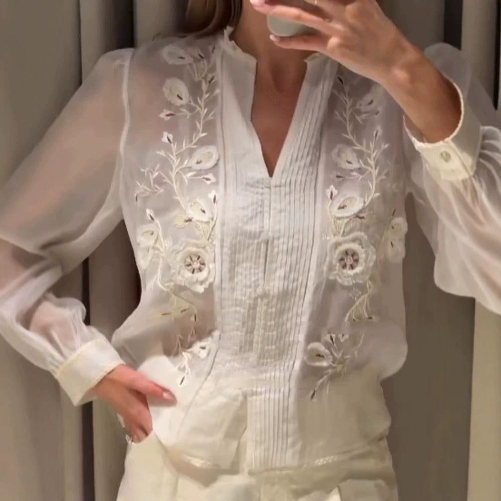 Ladies Transparent Embroidered Chiffon Blouse with Pintucks, V-Neck and Balloon Sleeves Chichicherry