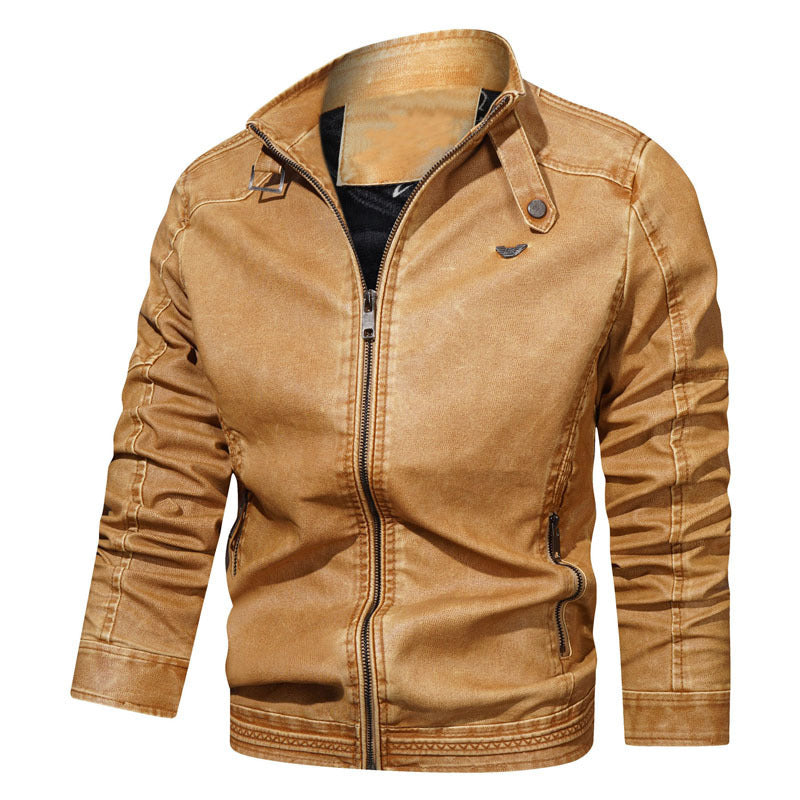 Men's tailored denim bomber jacket with stand-up collar and detailed sleeve stitching Chichicherry