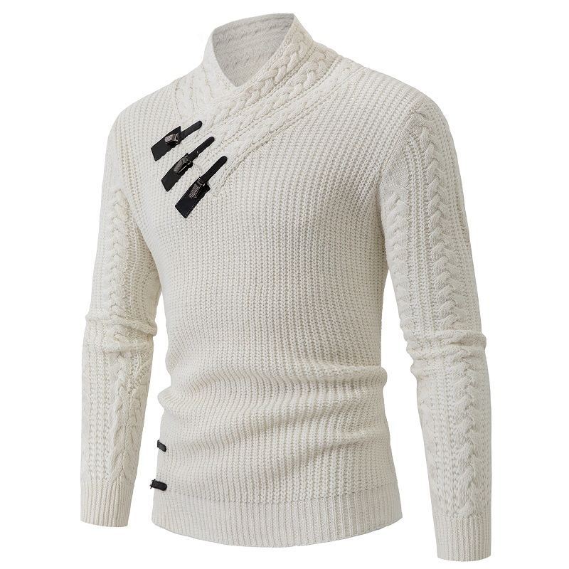 Men's Structured Cable Knit Mock Neck Sweater with Asymmetrical Strap Decoration Chichicherry