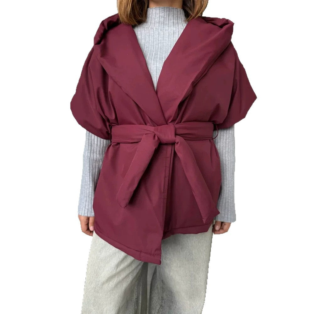 Ladies sleeveless quilted hooded vest with waist tie belt Chichicherry