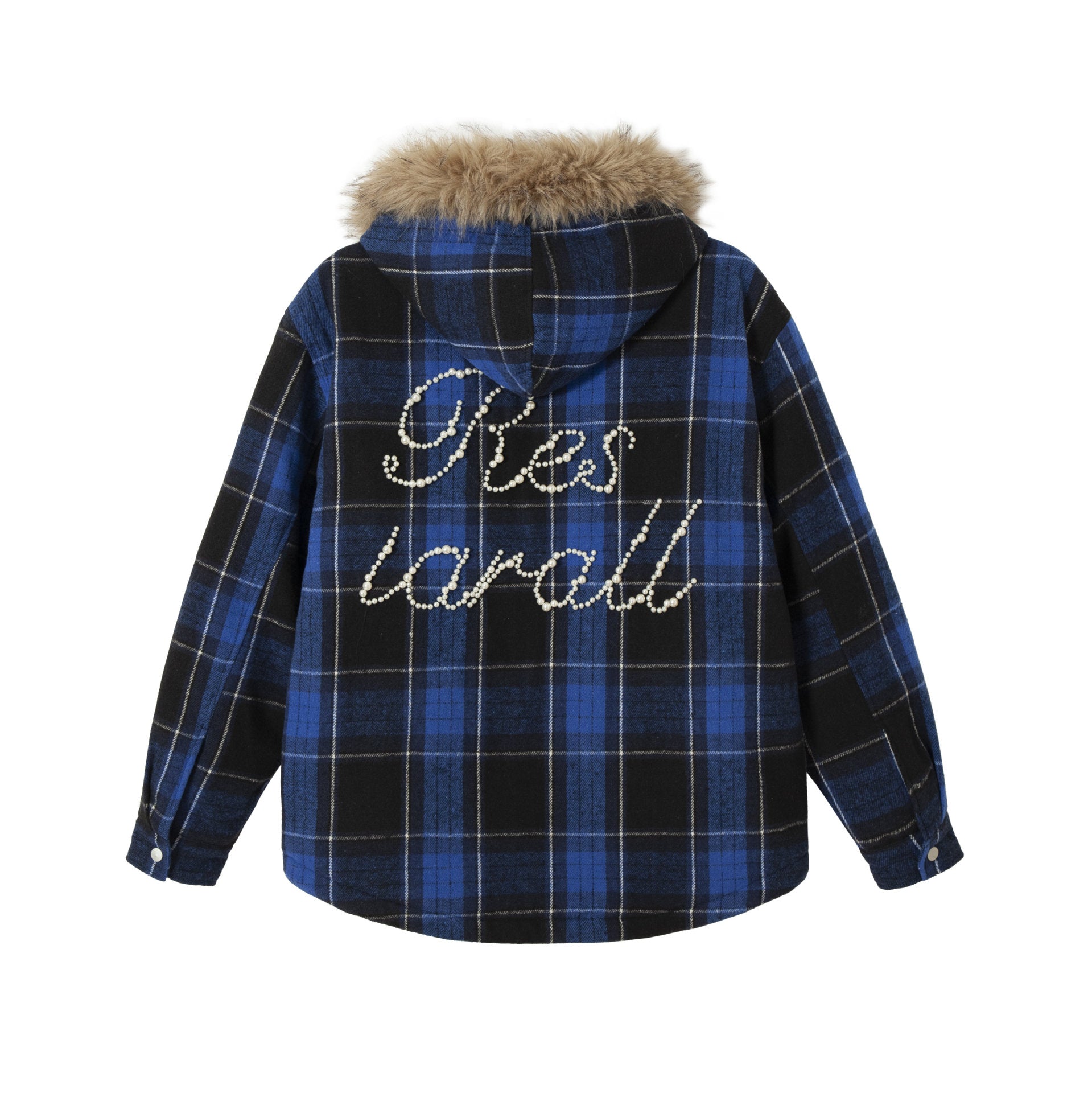 Women's checked wool blend blouson with detachable faux fur collar and pearl appliqué Chichicherry