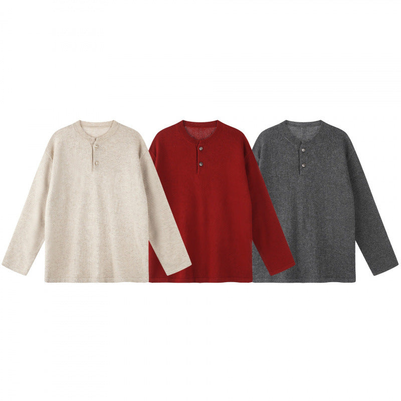 Unisex Oversize knit sweater with Henley button placket, straight hem and light texture Chichicherry