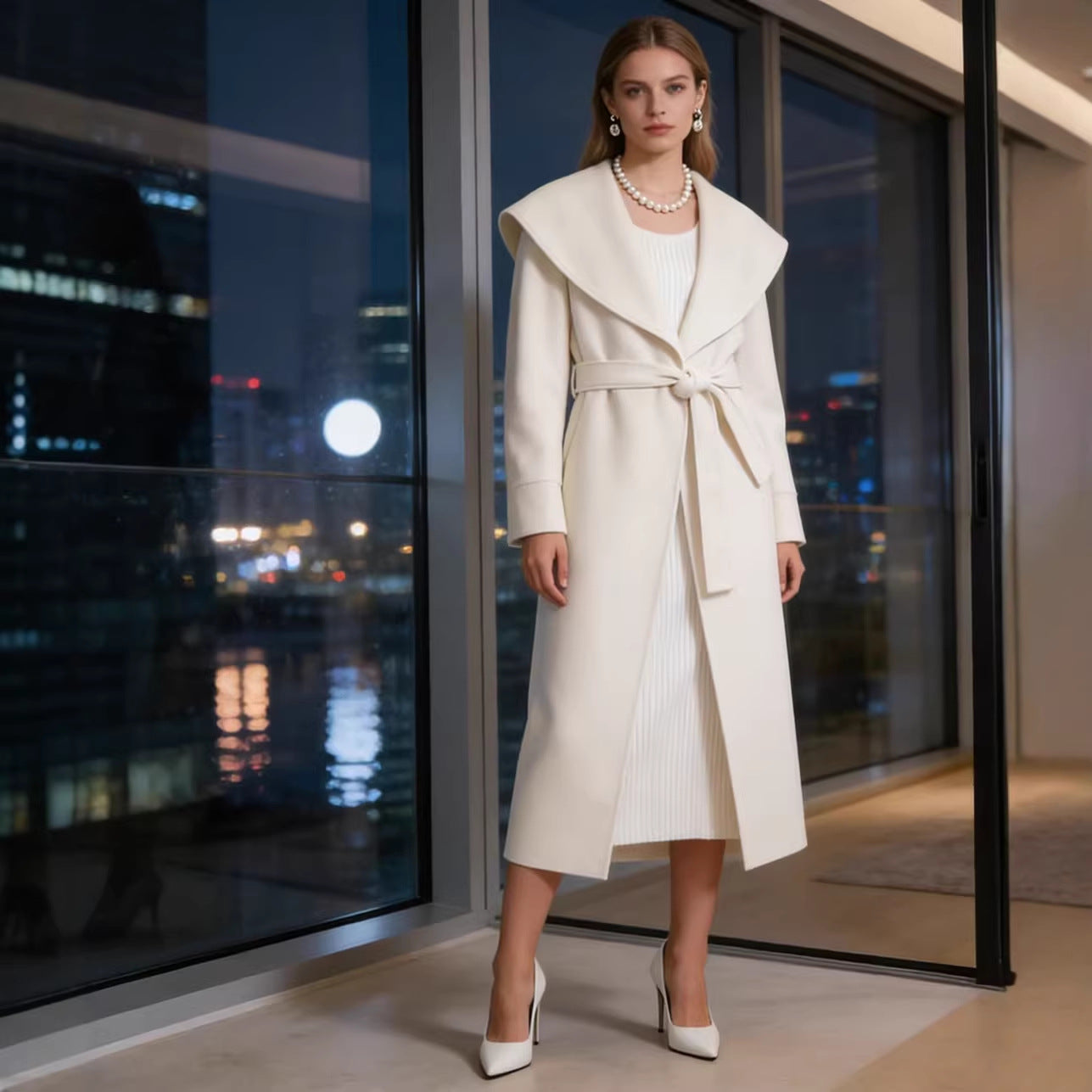Women Elegant Coat with Oversized Shawl Collar and Tied Belt Chichicherry