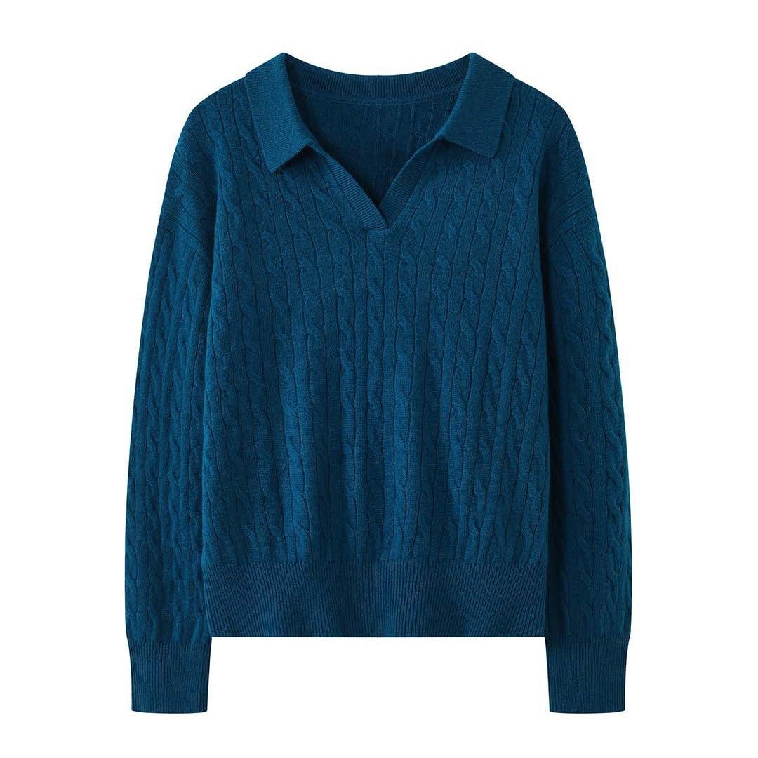 Women's knit pullover with polo collar, V-neck and cable pattern Chichicherry