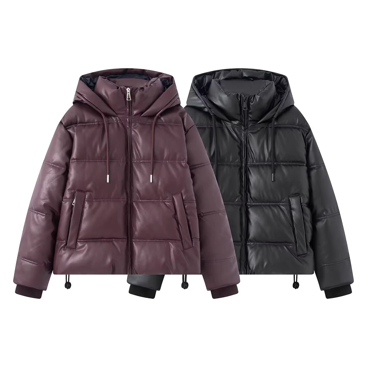 Women's Short Quilted Faux Leather Puffer Jacket with Hood, Drawstring and Side Pockets Chichicherry