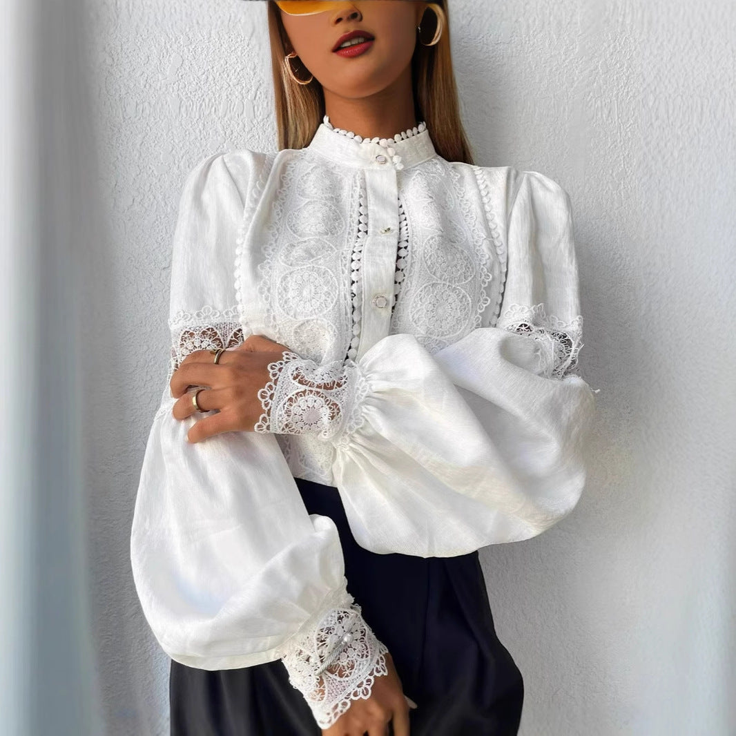 Women's Elegant Lace Blouse in Vintage Style with Stand Collar and Balloon Sleeves Chichicherry