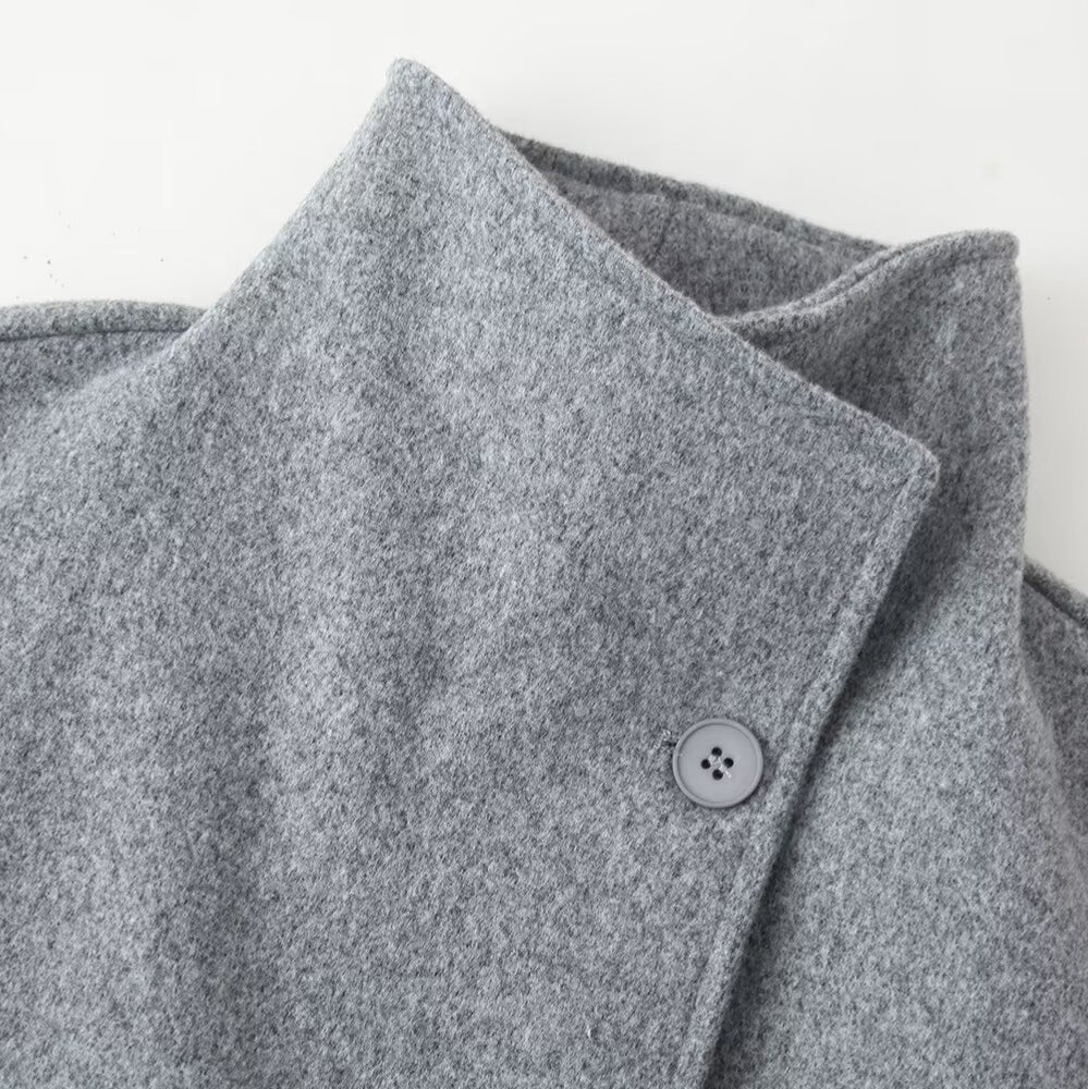 Women's Boxy Double-Breasted Short Coat made of Wool Blend with Stand-Up Collar Chichicherry