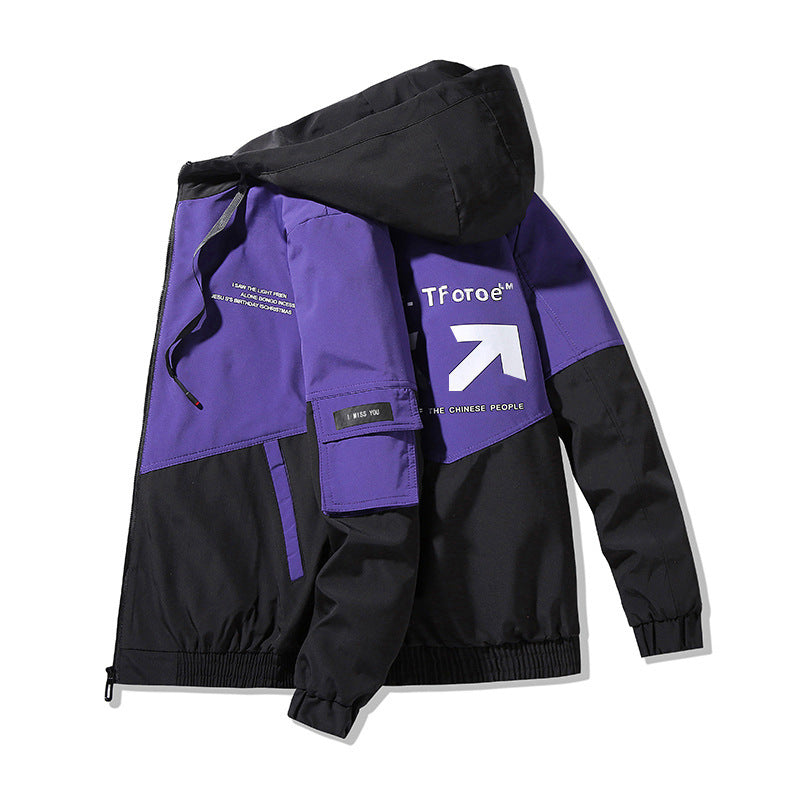 Men's Colorblock Hooded Utility Jacket with Print Details and Tactical Pockets Chichicherry