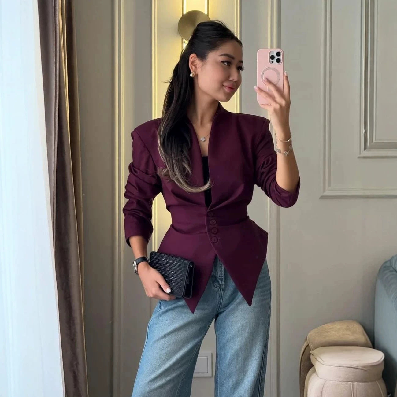 Women's Tailored Blazer with Pointed Hem and Deep V-Neck Chichicherry