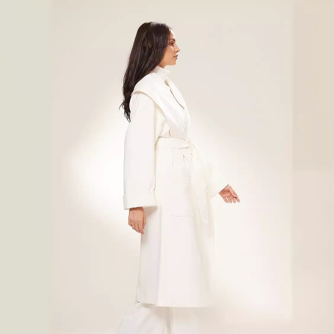 Women Long Oversized Wrap Coat with Generous Shawl Collar and Tie Belt Chichicherry