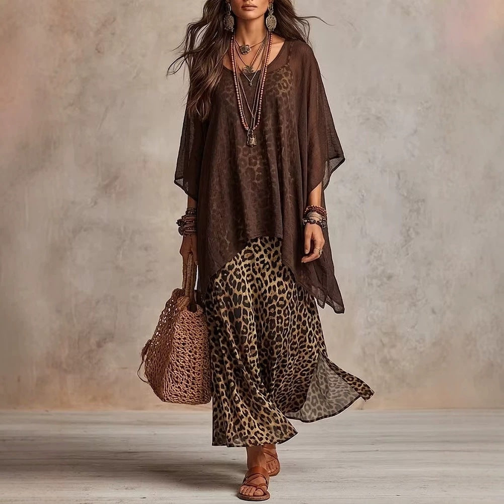 Ladies Boho maxi dress with transparent poncho overlay and leopard print