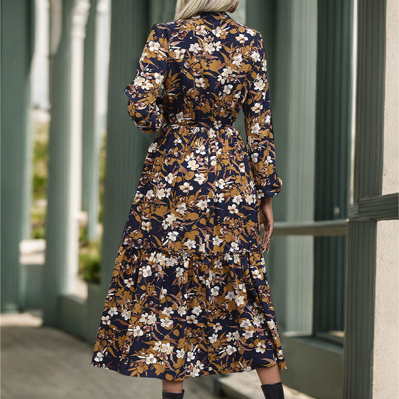 Women Long-Sleeved Midi Dress with Tie Belt, Tiered Hem and Side Slit Chichicherry