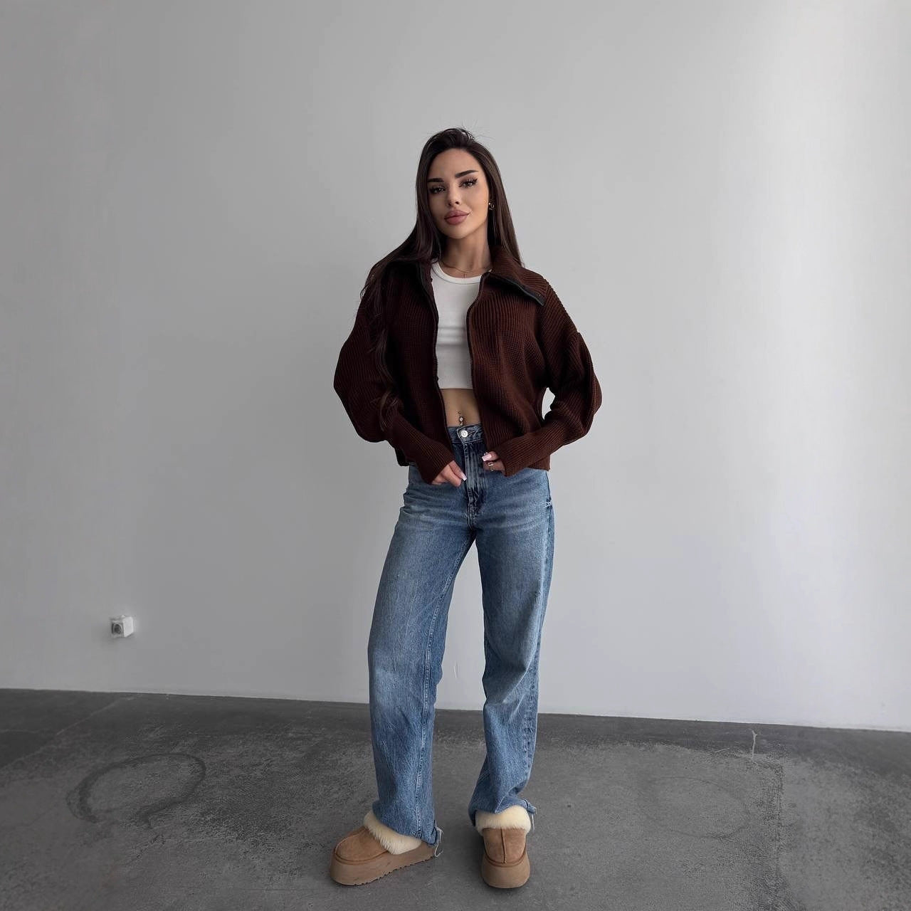 Damen Grobstrick-Zipper-Cardigan mit Ballonärmeln und Stehkragen Chichicherry
