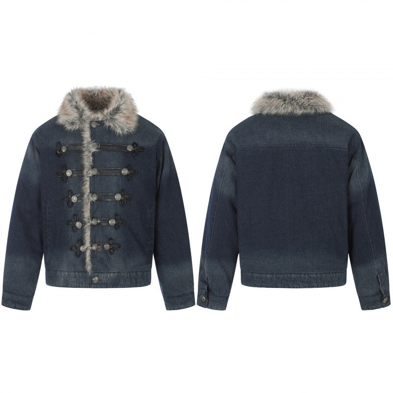 Men's denim jacket in military-inspired ornament style with faux fur trim Chichicherry