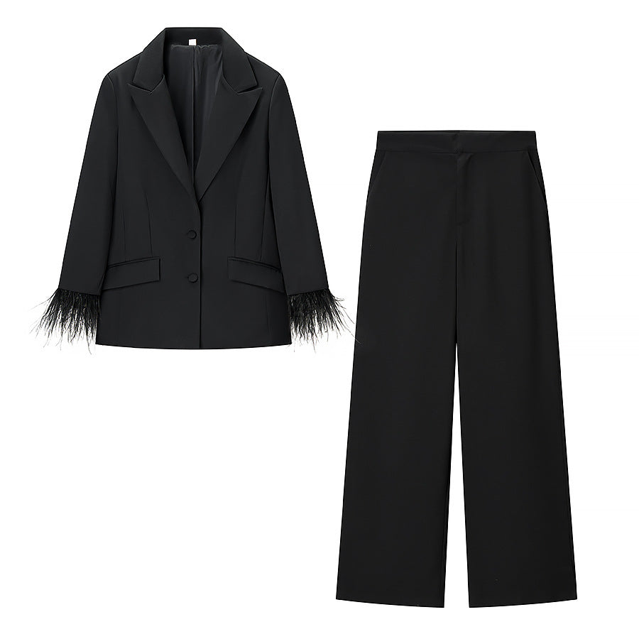 Women Stylish tailored blazer pantsuit with feather trim on cuffs Chichicherry