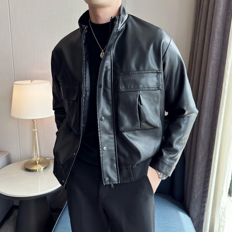 Men's Faux Leather Bomber Jacket with Large Flap Pockets, Stand Collar and Ribbed Hem Chichicherry