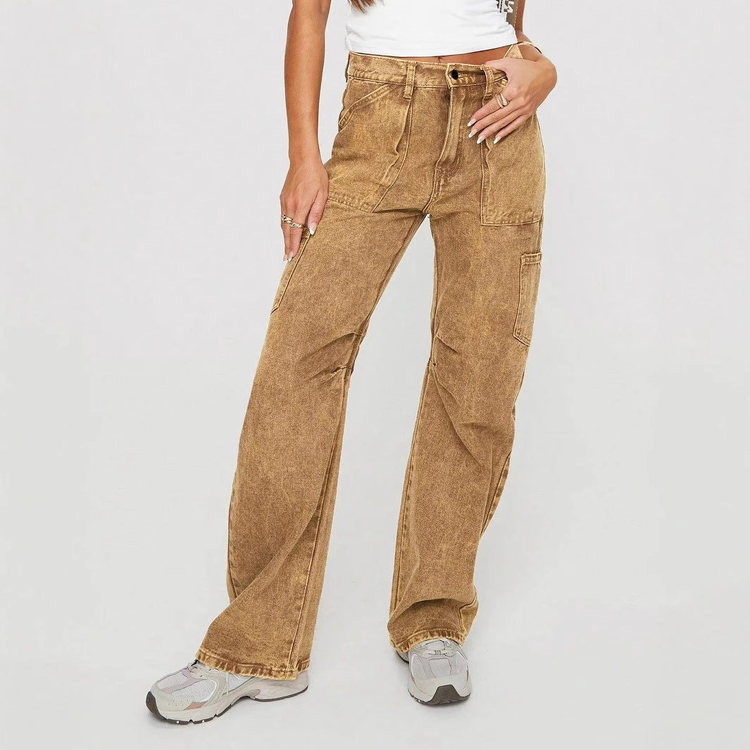 Women's Loose Utility Cargo Jeans with Straight Leg and Patch Pockets Chichicherry