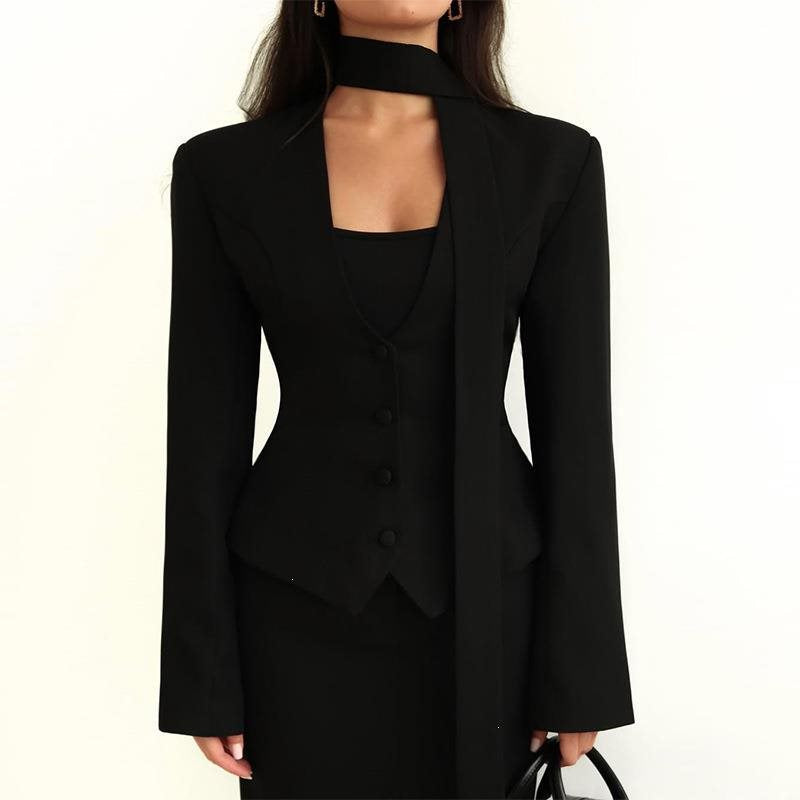 Women Tailored Blazer with Tie Scarf and Fitted Vest Chichicherry