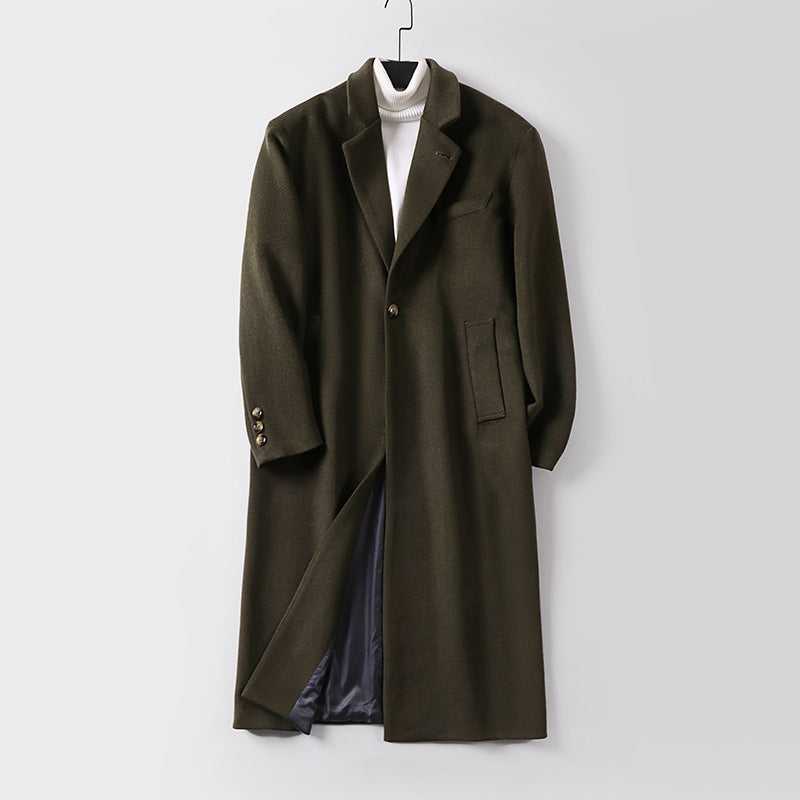 Men's Elegant Long Single-Breasted Wool Coat with Narrow Lapels and Tailored Silhouette Chichicherry